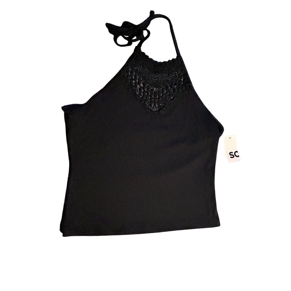 NWT SO Women Black Ribbed Halter Top Crochet Lace Neck Soft Goth Witchy Large